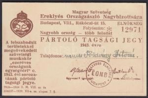 1943 A Magyar Szövetség Ereklyés Országzászló Nagybizottságának pártoló tagsági jegye