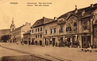 Mehádia, Fő utca, templom, Brauch A. fia és Simeon John üzlete; kiadja Brauch A. fia / main street, shop