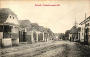 Székelykeresztúr, Cristuru Secuiesc; Templom utca könyvnyomda, könyvkötészet, gyógyszertár / Church Street, shops, pharmacy