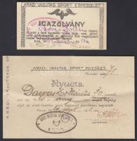 1920 Arad, Az Aradi Vasutas Sport Egyesület igazolványa és nyugtája, 2 db