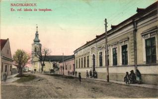 Nagykároly, Református iskola és templom. Csókás László kiadása / church, school