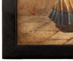 Olvashatatlan jelzéssel: Cigány lány csörgődobbal. Olaj, vászon, fa keretben, 29x20 cm