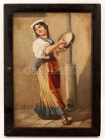 Olvashatatlan jelzéssel: Cigány lány csörgődobbal. Olaj, vászon, fa keretben, 29x20 cm