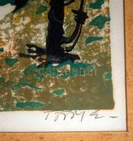 Török Endre (1926-1980): Halászók. Színezett linó, jelzett, keretben, 26×31 cm