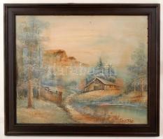 Sztelek jelzéssel: Ház a patak mellett. Olaj, farost, keretben, 50×60 cm