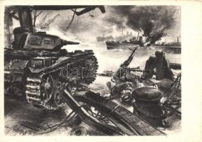 Un char dassaut allemand prend sous son feu des unités de la flotte anglaise / German Panzer III tank firing on units of the English Fleet, WWII, artist signed