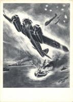 Des stukas allemands attaquent un convoi anglais / German Ju 88s attacking a convoy of English ships, WWII, artist signed (EK)