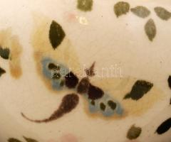 Zsolnay kérész mintás kancsó, kézzel festett mázas keménycserép, jelzett (TJM),  kopott, formaszámma...