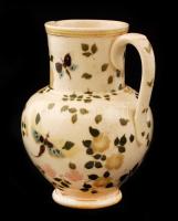 Zsolnay kérész mintás kancsó, kézzel festett mázas keménycserép, jelzett (TJM),  kopott, formaszámma...