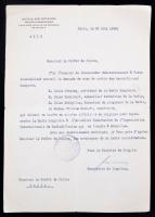 1946 A francia magyar nagykövetség  levele a párizsi rendőrbiztosnak, Ortutay, Kodolányi, Schöpflin és radnótinéből álló magyar küldöttség ügyében