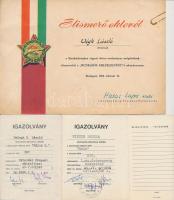 15db-os oklevél és igazolvány tétel, benne "Bányász Szolgálati Érdemérem", "Önkéntes Rendőri Szolgálatért", "Az ifjúság a szocializmusért mozgalom", "Érdemes Társadalmi Munkás" igazolványok, "Munkásőr Emlékjelvény" elismerő oklevél T:vegyes