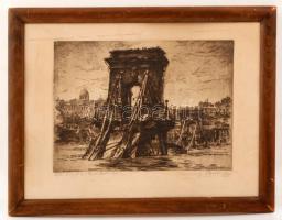 Rimaszéky-Richter Aladár (1898-?): Budapest 1945. Rézkarc, karton, jelzett, keretben,  23×31 cm