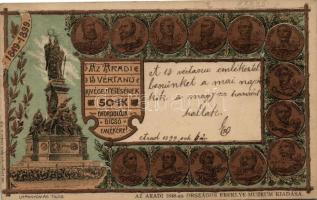 1899 Arad; a 13 vértanú kivégeztetésének 50. évfordulója dicső emlékére, kiadja az Aradi 1848-as Országos Ereklye Múzeum, litho / Memorial card for the 50th anniversary of the executions of the martyrs of Arad, litho (Rb)