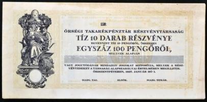 Őriszentpéter 1927. "Őrségi Takarékpénztár Részvénytársaság" 10db részvénye egyenként 10P-ről szelvényekkel T:I-