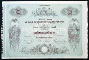 Kiskőrös 1930. "Az Első Dunavidéki Takarékpénztár" részvénye 50P-ről szárazpecséttel, szelvényekkel T:I-