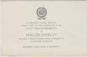 1930 Tudnivalók(meghívó) a Nemzeti Torna Egylet által rendezett házi tornaversenyről és Miklós estélyről