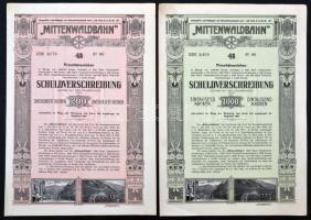Ausztria / Innsbruck 1912. "Mittenwaldbahn" vasúti jelzálogkötvény 200K-ról egy szelvénnyel és betéti lappal és 1000K-ról német nyelven egy szelvénnyel T:I,II  Austria / Innsbruck 1912. "Mittenwaldbahn" bond about 200 Corona with one coupon and voucher and about 1000 Corona with one coupon C:UNC,XF