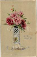 Flower greeting card, silver decorated litho (EK)