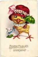 Easter, chicken with hat, humour, S.B. Special 7380. litho (small tear)