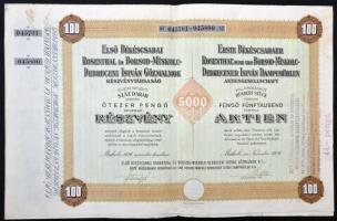 1936. "Első Békéscsabai Rosenthal és Borsod-Miskolc-Debreceni István Gőzmalmok Részvénytársaság" 100db részvénye összesen 5000P-ről, német és magyar nyelven, szelvényekkel, felülbélyegzésekkel T:III