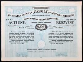 Románia / Bukarest 1922. "Zabolai Faipar Részvénytársaság" részvénye 200L-ről szelvényekkel T:I-Romania / Bucharest 1922. "Zabola Wood Industry Company Ltd." share about 200 Lei with coupons C:AU