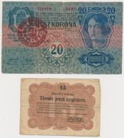 1849. 15kr "Kossuth bankó" + 1913. 20K piros "MAGYARORSZÁG" bélyegzővel T:III-,I...