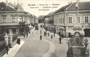 Újvidék, Duna utca, Donaugasse. Villamos, üzletek / street, shops, tram