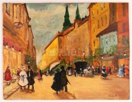 Berkes jelzéssel: Körúti forgatag. Olaj, falemez, 46×60 cm