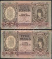 1943. 1000P (10x) közeli sorszámúak T:I-,II,II- folt, kis szakadás, sarokhiány