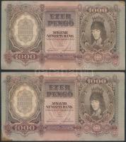 1943. 1000P (10x) közeli sorszámúak T:I-,II,II- folt, kis szakadás, sarokhiány