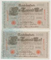 Német Birodalom 1910. 1000M (5x) hétjegyű sorszám, piros pecséttel, sorszámkövetők T:II,II- German Empire 1910. 1000 Mark (5x), 7 digits with red seal, sequential serials C:XF,VF