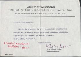 1988 Kloss Andor (?-?) irodalomtörténész, kritikus gépelt, autográf aláírással ellátott levele Dr. S...