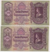 1930. 100P (4x) közte 2db sorszámkövető és 2db közeli sorszám, nyomdai papírráncokkal T:II