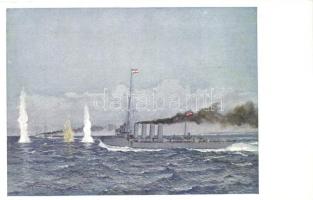 Ütközet az Otranto szorosban 1917. május 15-én: Tüzércsata. Ő F. Saida hajója előtérben. / WWI sea battle, K.u.K. Kriegsmarine s: Seits