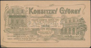 cca 1910 Konsitzky György fűszerkereskedése a Fehér Kutyához, Szolnok, díszes szecessziós számolócédula