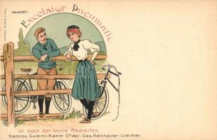 1899 Excelsior-Pneumatic, Hannoversche Gummi-Kamm Comp., cyclists, Serie D No. 1. litho