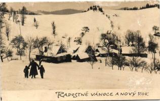 Radostné Vánoce a Novy Rok / Christmas, New Year; Czechoslovakian greeting card, countryside winter (EB)