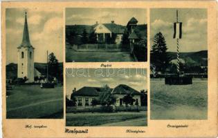 Mezőpanit, Panet; Községháza, paplak, országzászló, Református templom / town hall, rectory, flag, Calvinist church (EK)