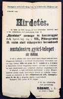 1921 Hirdetés Az "Excelsior" csemege- és konzervgyár asztalosáru gyári-telepet akar felállítani, kissé szakadozott széllel, 34x21cm