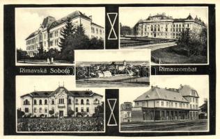 Rimaszombat, Rimavská Sobota; vasútállomás, Gömör és Kishont vármegyeháza, Egyesült protestáns főgimnázium, gyermekmenhely / railway station, county hall, grammar school, children's home