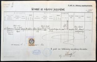 1881 Kivonat esketési jegyzékből, A pesti izr. hitközség anyakönyvhivatala, felülbélyegzett okmánybélyeggel (50kr.),  25x39cm