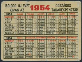 1954 Boldog új évet kíván az Országos Takarékpénztár, fém reklám kártyanaptár, apró kopásnyomokkal, ...