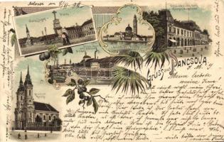 1898 Pancsova, Pancevo; Ferenc József tér, Görög ortodox templom, Temes folyó partja, J. M. Weiferr sörfőzdéje /  square, church, river bank, brewery, floral litho   (EB)