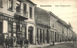 Rimaszombat, Rimavská Sobota; Deák Ferenc utca, Rábely Miklós üzlete, Róth Ignác üzlete, kiadja ifj. Rábely Miklós / street, shops