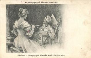 A betegnyugvó állomás munkája, Mindenki a betegnyugvó állomás levelezőlapjára írjon; / WWI military hospital, Red Cross nurse (EK)