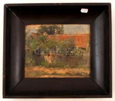 Jelzés nélkül: Vidéki ház kerítéssel, olaj, farost, fa keretben, 19,5×24 cm