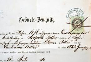 1870  Geburts-Zeugnis, Születési anyakönyvi igazolás izraelita vallású személy részére, okmánybélyeg...