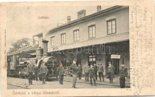 Bátyú, Batyovo; Indóház, vasútállomás, gőzmozdony, kiadja Mezei Mór / railway station, locomotive