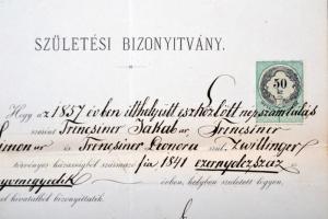 1876 Születési bizonyítvány, A Pesti Izraelita Hitközség Elöljárósága, okmánybélyeggel (50kr), szára...