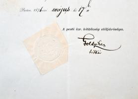 1876 Születési bizonyítvány, A Pesti Izraelita Hitközség Elöljárósága, okmánybélyeggel (50kr), szára...